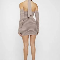 Woman Dresses Knitted Halterneck Mini Dress With Sleeves - Taupe