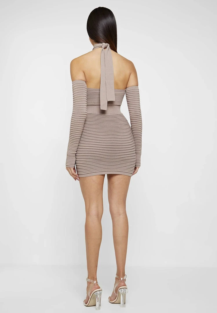 Woman Dresses Knitted Halterneck Mini Dress With Sleeves - Taupe