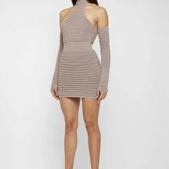 Woman Dresses Knitted Halterneck Mini Dress With Sleeves - Taupe