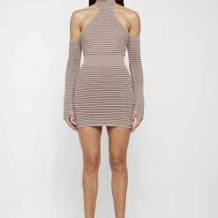Woman Dresses Knitted Halterneck Mini Dress With Sleeves - Taupe