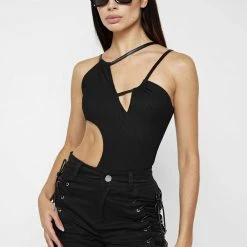 Woman Tops Ribbed Cut Out Bodysuit - Black BODYSUITS