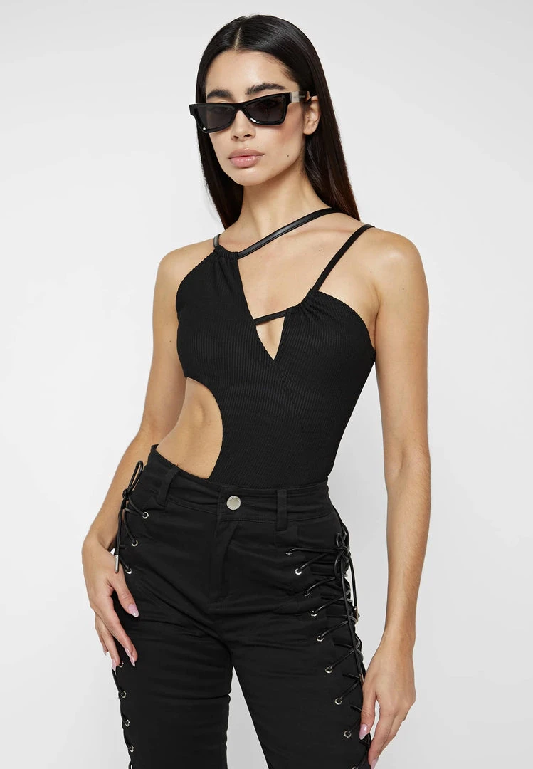 Woman Tops Ribbed Cut Out Bodysuit - Black BODYSUITS