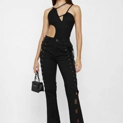 Woman Tops Ribbed Cut Out Bodysuit - Black BODYSUITS