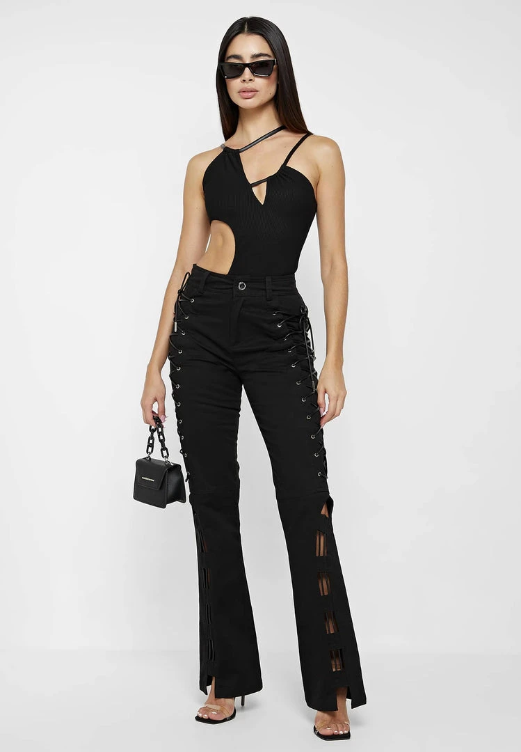 Woman Tops Ribbed Cut Out Bodysuit - Black BODYSUITS