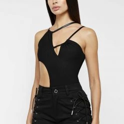 Woman Tops Ribbed Cut Out Bodysuit - Black BODYSUITS