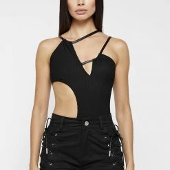 Woman Tops Ribbed Cut Out Bodysuit - Black BODYSUITS