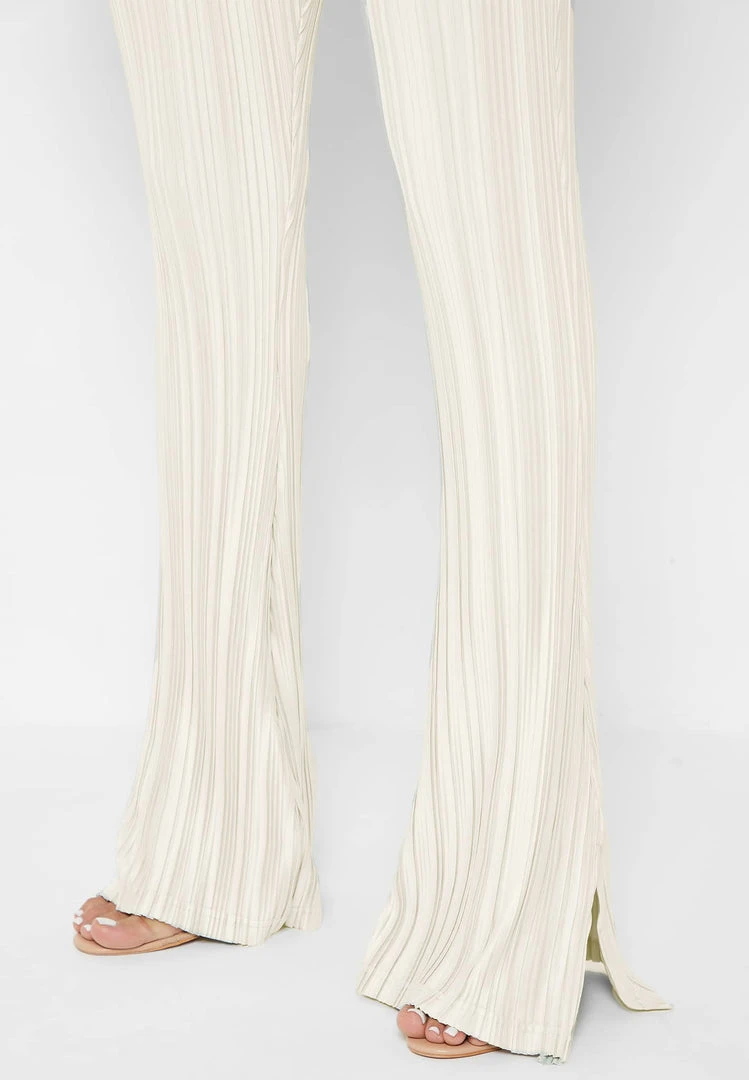 Woman Trousers Pleated Satin Flared Trousers - Off White