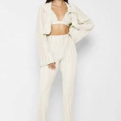 Woman Trousers Pleated Satin Flared Trousers - Off White