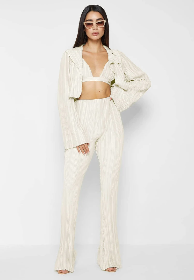 Woman Trousers Pleated Satin Flared Trousers - Off White