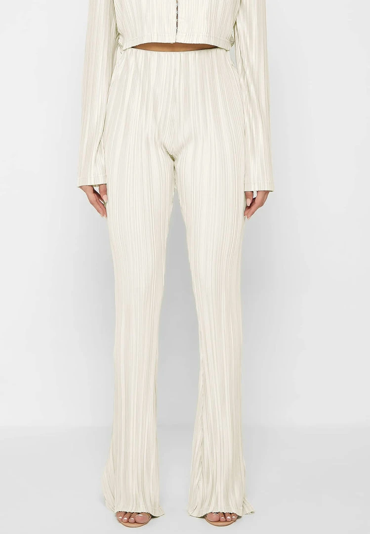 Woman Trousers Pleated Satin Flared Trousers - Off White