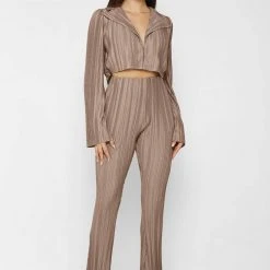 Woman Trousers Pleated Satin Flared Trousers - Mocha