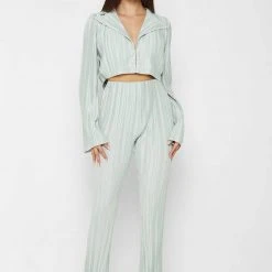 Woman Trousers Pleated Satin Flared Trousers - Mint Green