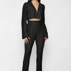 Woman Trousers Pleated Satin Flared Trousers - Black