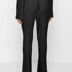 Woman Trousers Pleated Satin Flared Trousers - Black