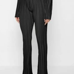 Woman Trousers Pleated Satin Flared Trousers - Black