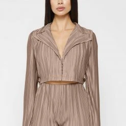 Woman Shirts Pleated Satin Blazer Shirt - Mocha