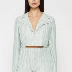 Woman Shirts Pleated Satin Blazer Shirt - Mint Green