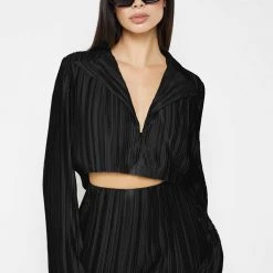 Woman Shirts Pleated Satin Blazer Shirt - Black