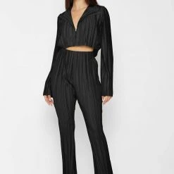 Woman Shirts Pleated Satin Blazer Shirt - Black