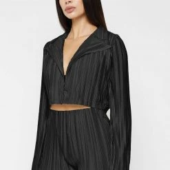 Woman Shirts Pleated Satin Blazer Shirt - Black