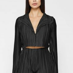 Woman Shirts Pleated Satin Blazer Shirt - Black