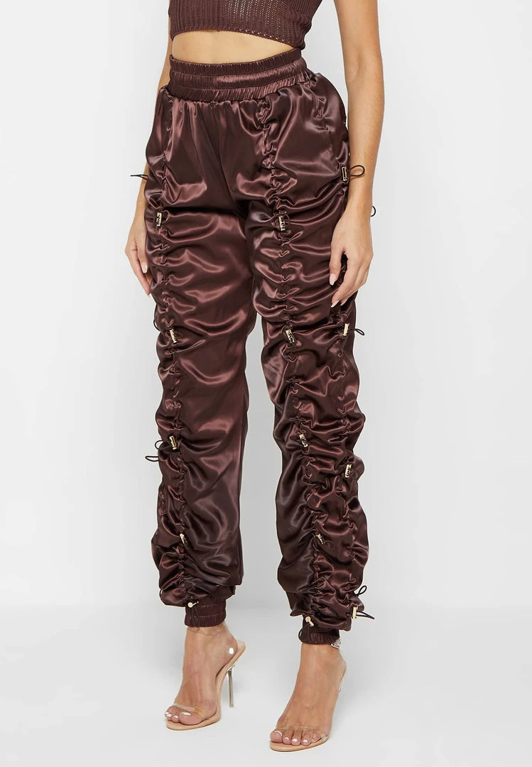 Woman Trousers CARGO PANTS & JOGGERS Satin Bungee Ruched Cargo Pants - Brown/Gold