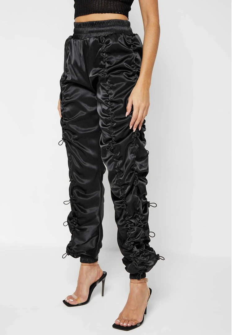 Woman Trousers Satin Bungee Ruched Cargo Pants - Black CARGO PANTS & JOGGERS
