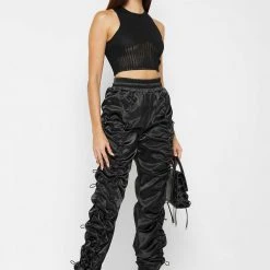 Woman Trousers Satin Bungee Ruched Cargo Pants - Black CARGO PANTS & JOGGERS