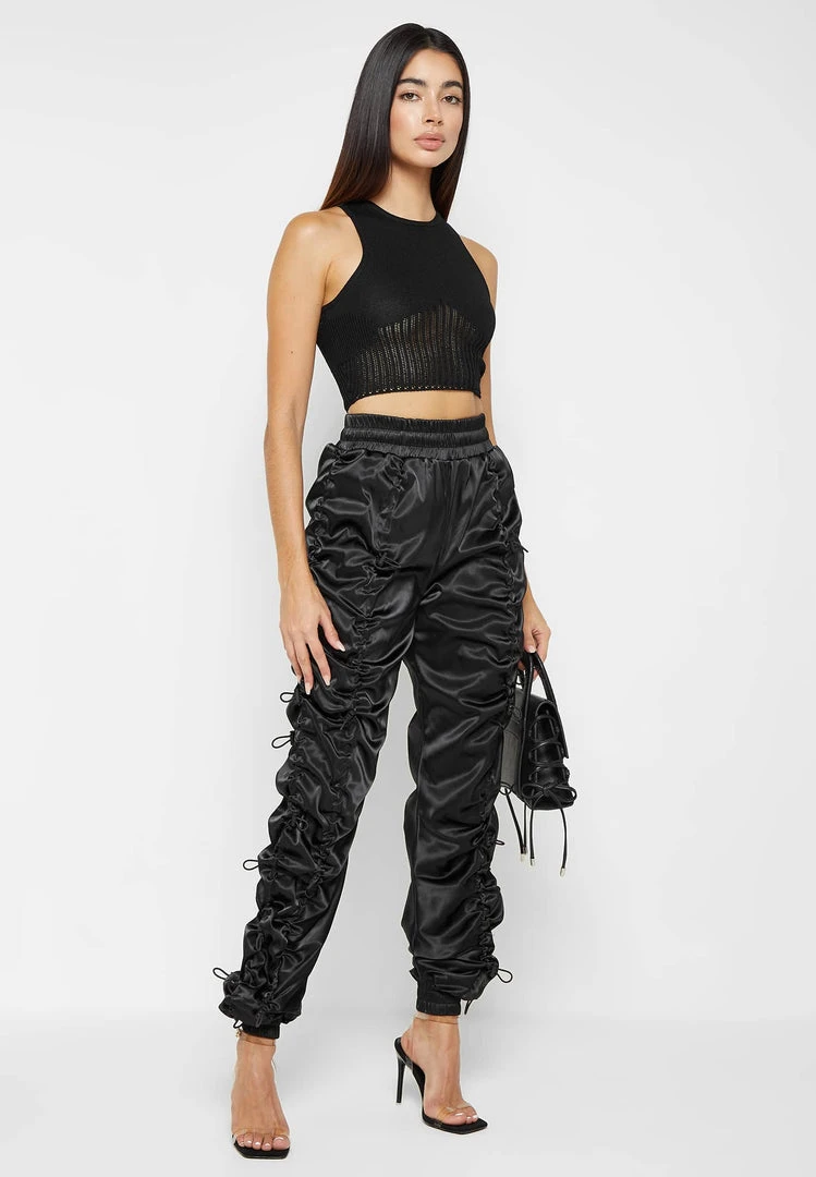 Woman Trousers Satin Bungee Ruched Cargo Pants - Black CARGO PANTS & JOGGERS
