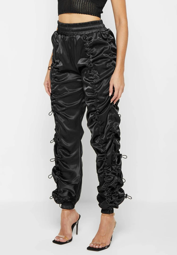 Woman Trousers Satin Bungee Ruched Cargo Pants - Black CARGO PANTS & JOGGERS