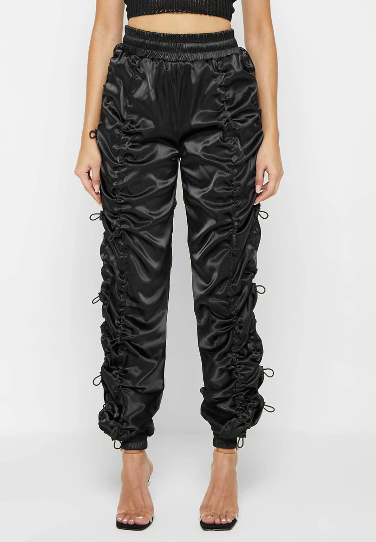 Woman Trousers Satin Bungee Ruched Cargo Pants - Black CARGO PANTS & JOGGERS