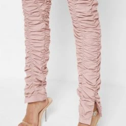 Woman Leggings Ruched High Waisted Leggings - Dusty Pink