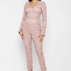 Woman Leggings Ruched High Waisted Leggings - Dusty Pink