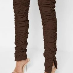 Woman Leggings Ruched High Waisted Leggings - Brown