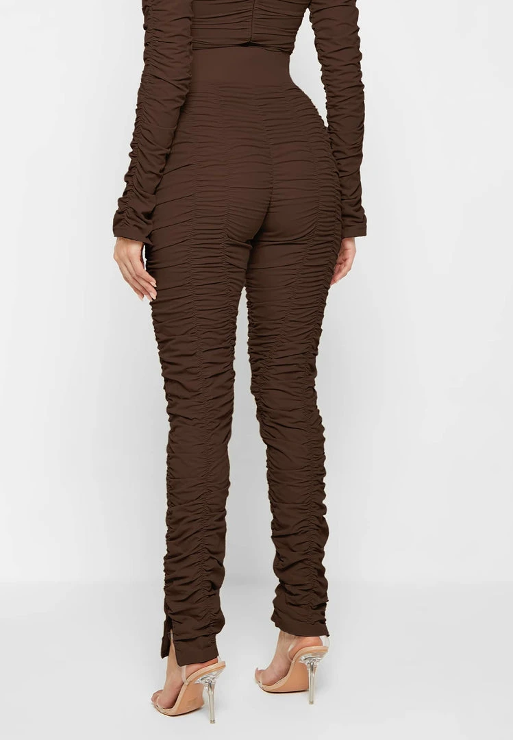 Woman Leggings Ruched High Waisted Leggings - Brown
