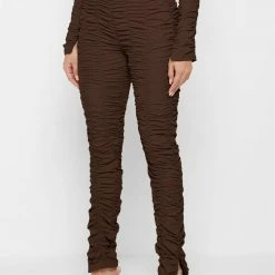 Woman Leggings Ruched High Waisted Leggings - Brown