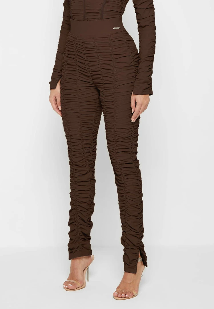 Woman Leggings Ruched High Waisted Leggings - Brown