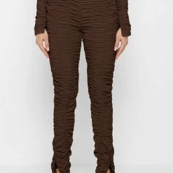 Woman Leggings Ruched High Waisted Leggings - Brown