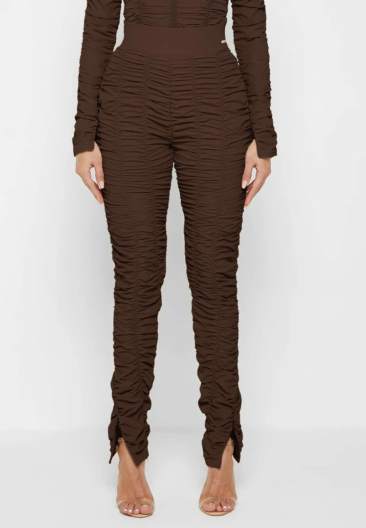 Woman Leggings Ruched High Waisted Leggings - Brown