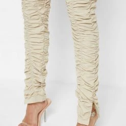 Woman Leggings Ruched High Waisted Leggings - Beige