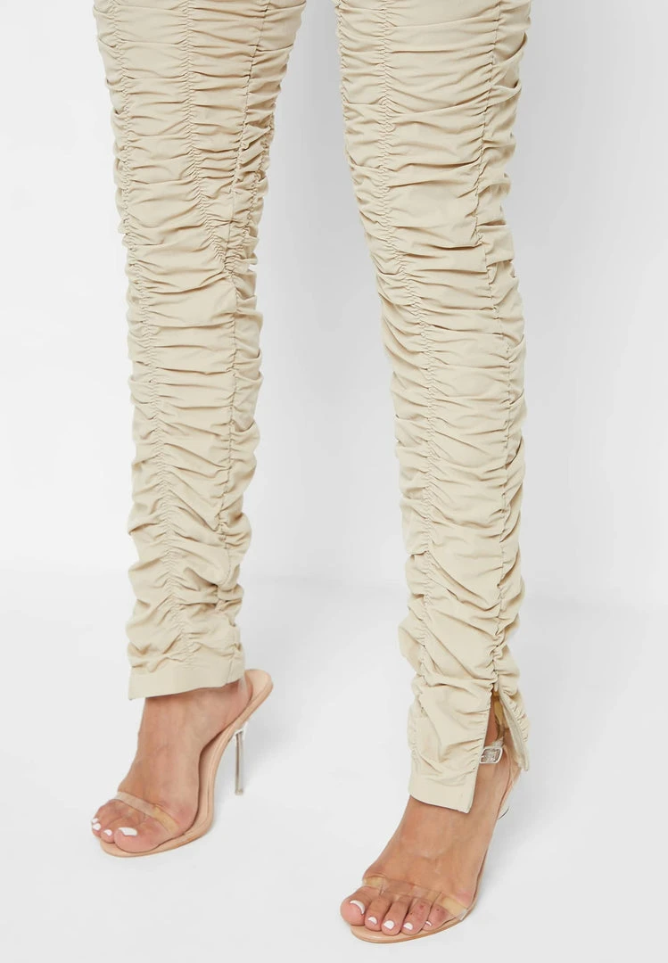 Woman Leggings Ruched High Waisted Leggings - Beige