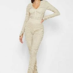 Woman Leggings Ruched High Waisted Leggings - Beige