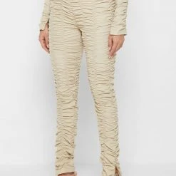 Woman Leggings Ruched High Waisted Leggings - Beige