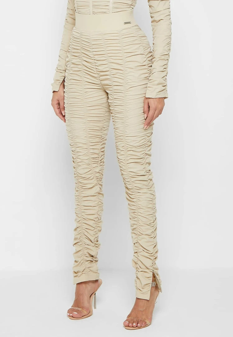 Woman Leggings Ruched High Waisted Leggings - Beige