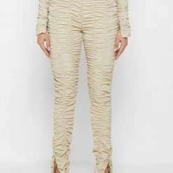Woman Leggings Ruched High Waisted Leggings - Beige