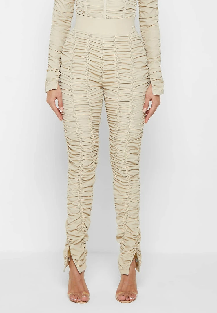 Woman Leggings Ruched High Waisted Leggings - Beige