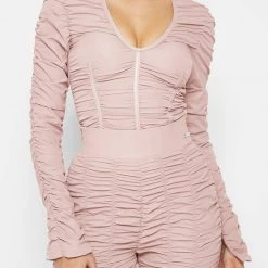 Woman Tops Ruched Long Sleeve Bodysuit - Dusty Pink