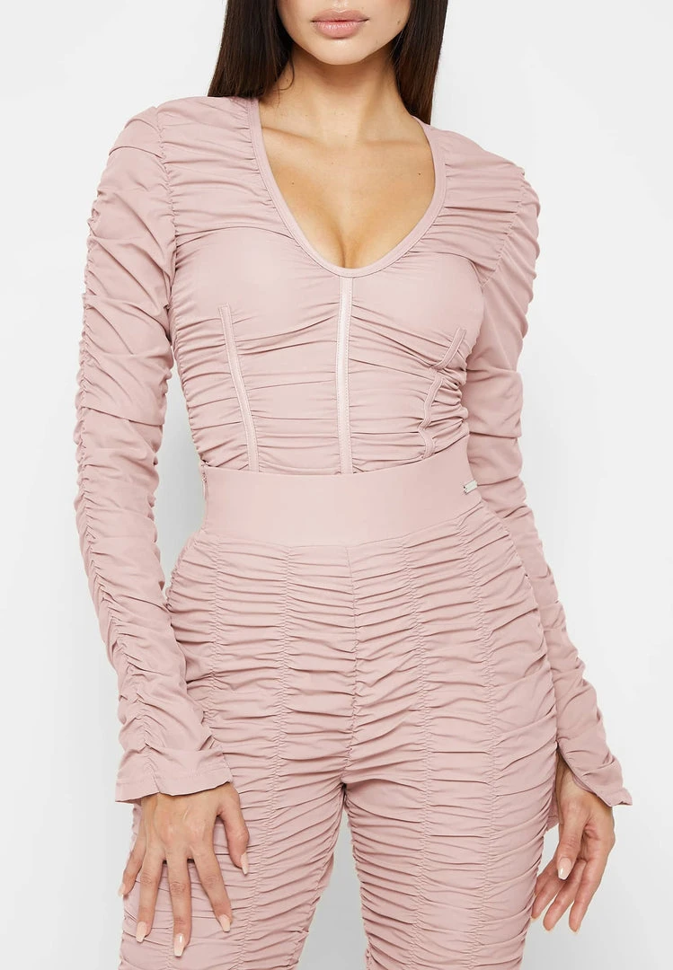 Woman Tops Ruched Long Sleeve Bodysuit - Dusty Pink