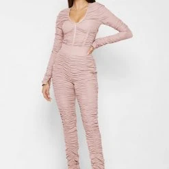 Woman Tops Ruched Long Sleeve Bodysuit - Dusty Pink