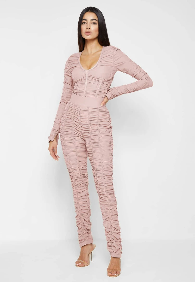Woman Tops Ruched Long Sleeve Bodysuit - Dusty Pink
